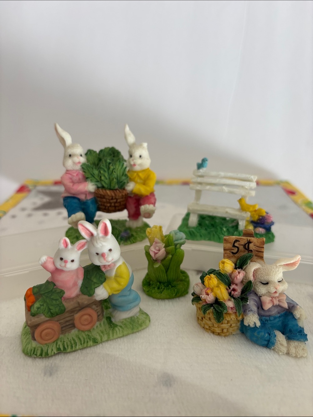 Decorative Bunny Figurine Set 5pcs - Pink, Yellow Easter Spring Decoration
